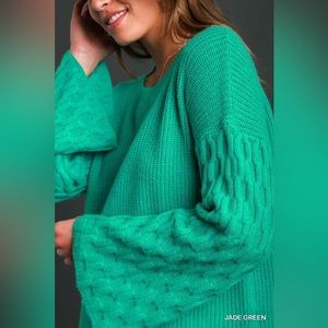Knit Pullover Sweater & Texture Flare Sleeves  Color:Jade Green
